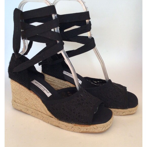 APOSTROPHE Espadrille Ankle Tie Peep Toe Wedges, Black (Size 9.5 M) - Picture 6 of 11
